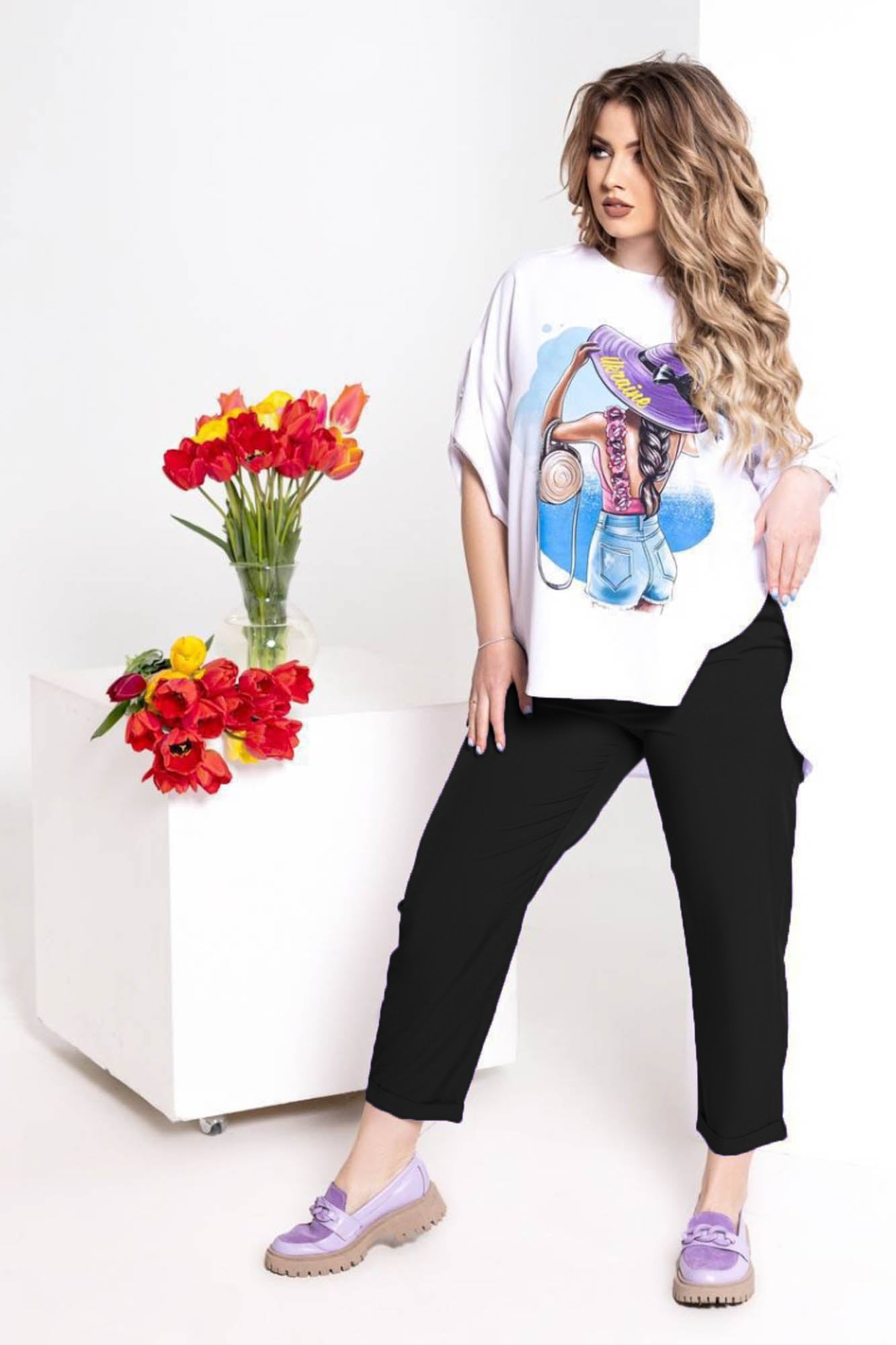 Compleu pantaloni si bluza cu imprimeu 8104