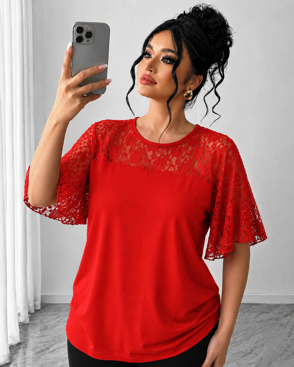 Koszulki, Koszulka damska plus size z koronką 1428-23, bigsize.ro