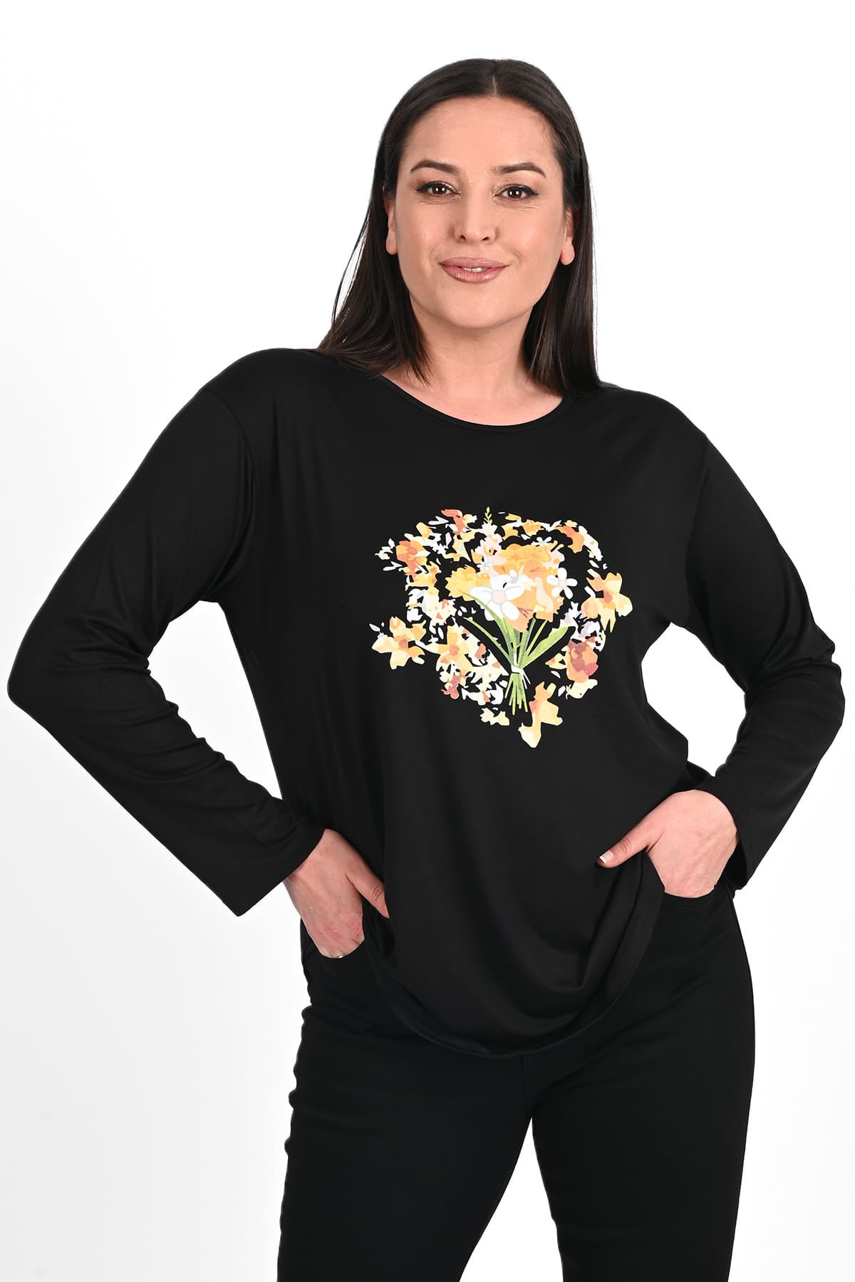 Bluze dama marimi mari negre, Bluza dama marimi mari Bouquet 1431-23, bigsize.ro
