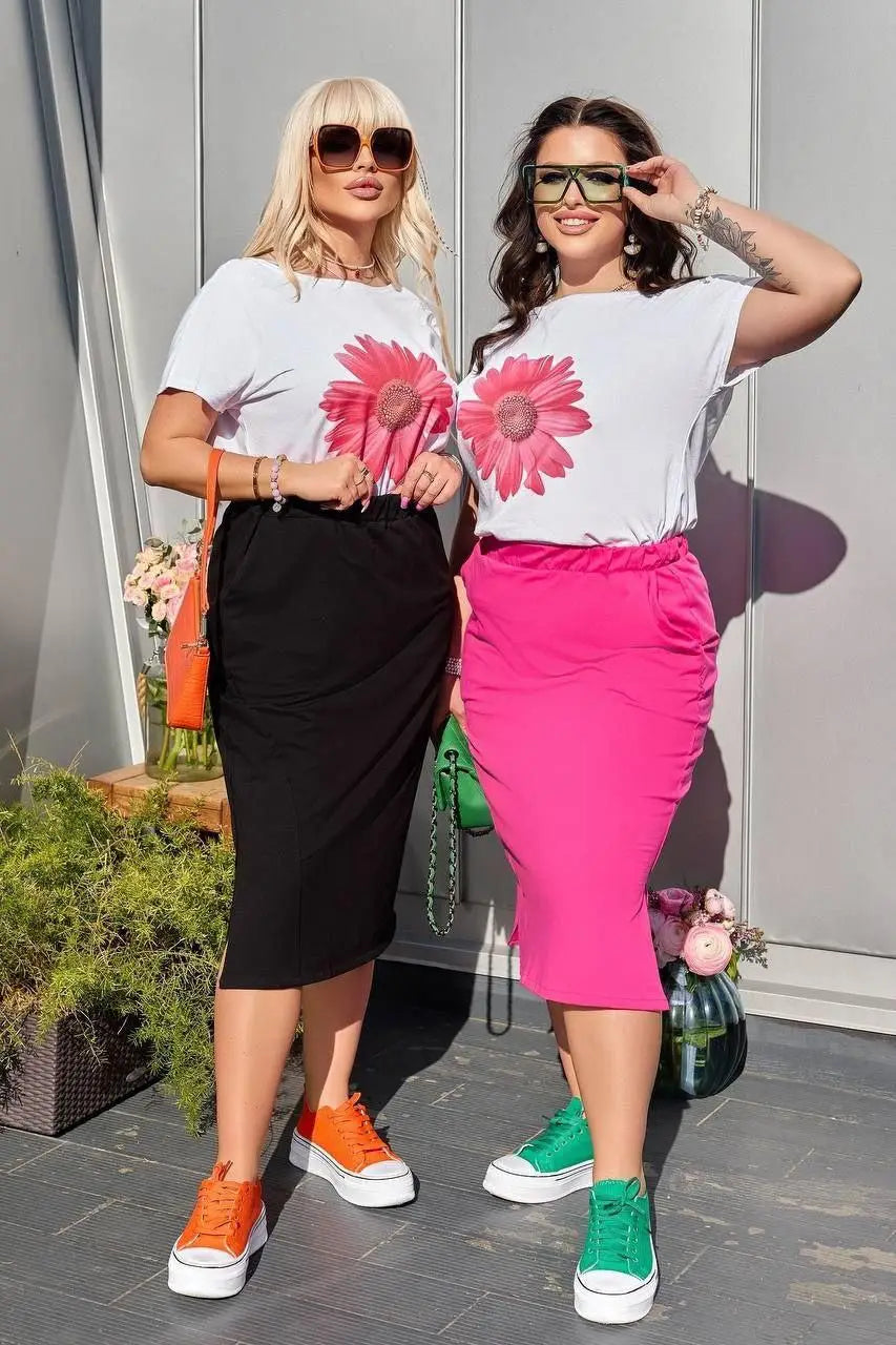 Komplet bawełniany plus size ze spódnicą i koszulką - 8029